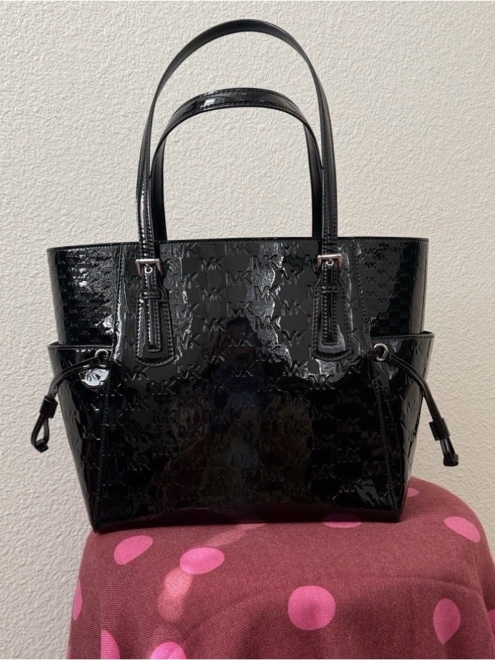 Michael Kors Glossy Black Patent MK-Embossed Tote